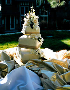 Gold ribbon and cream colored wedding cake.